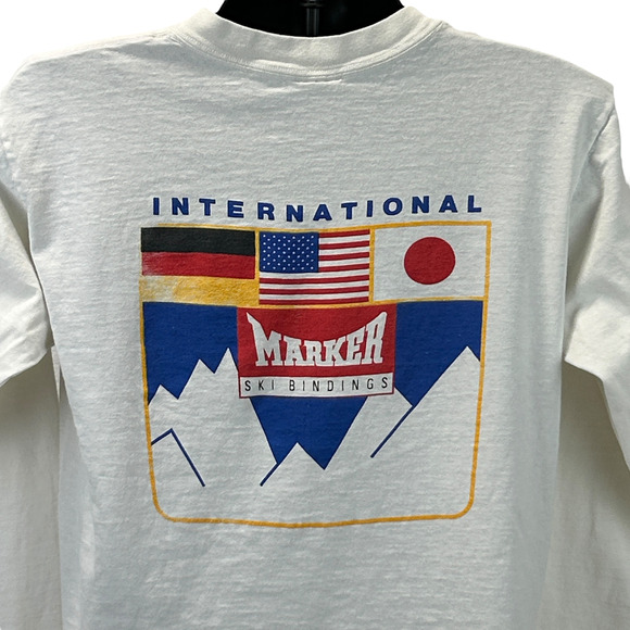 Vintage 90s Marker Ski Bindings T Shirt Skiing Skier Long Sleeve White L Large - Picture 1 of 12